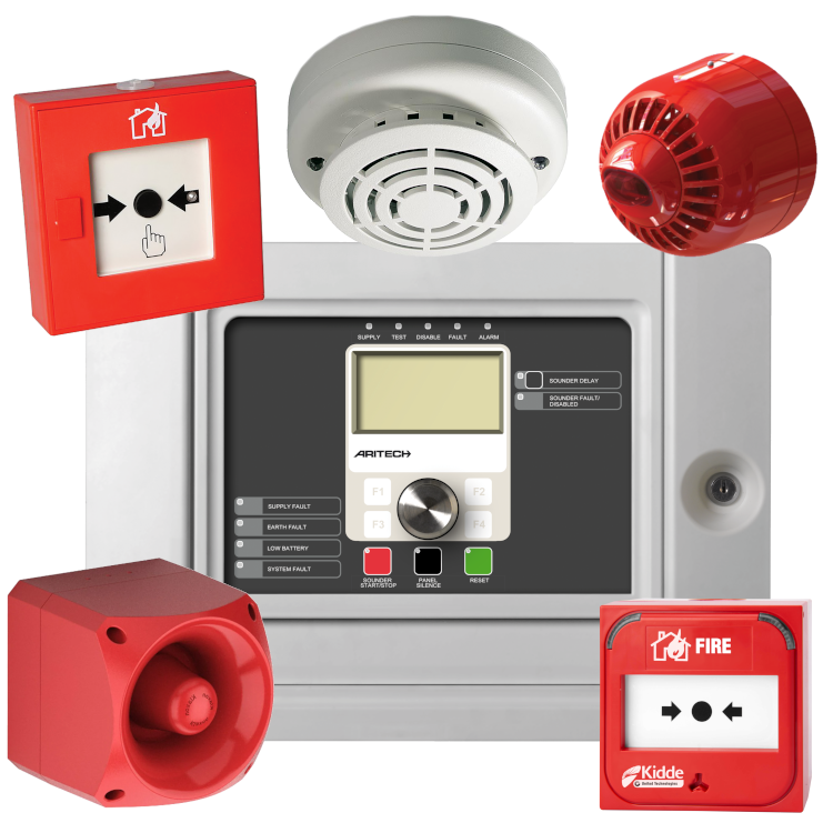 Tűzjelző rendszer alkotóelemei.