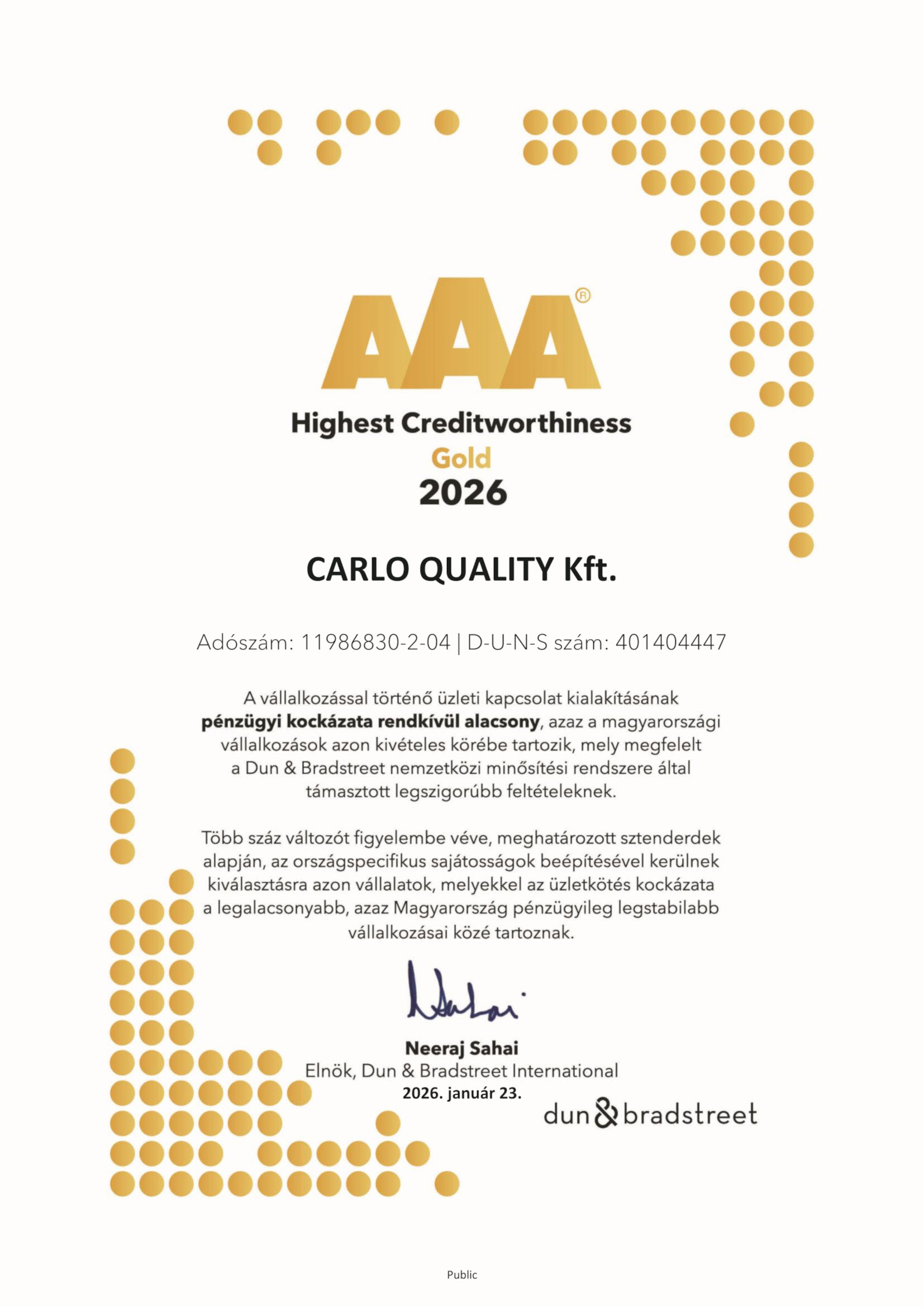 Bisnode AAA Tanúsítvány.