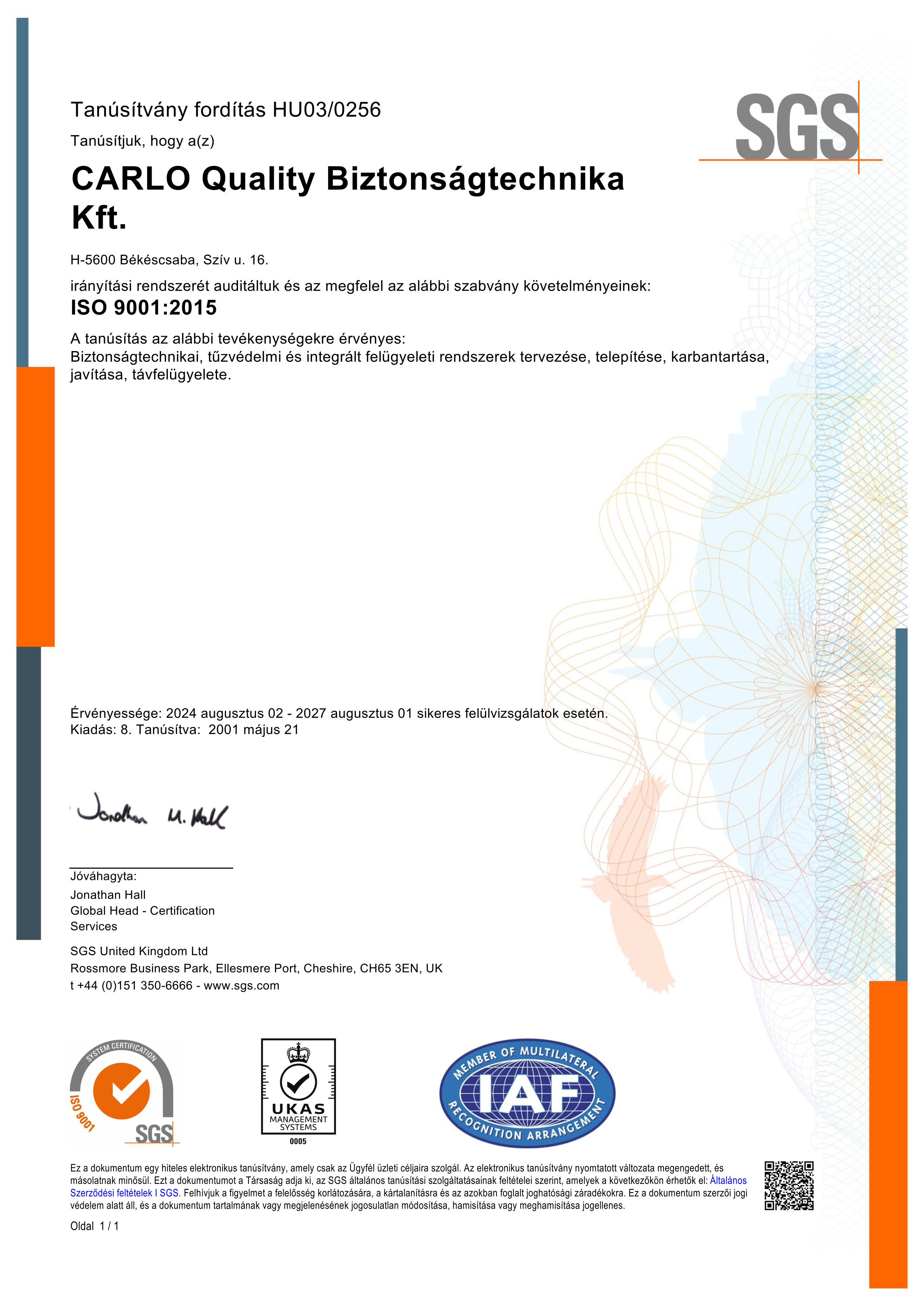 ISO 9001 Tanúsítvány.